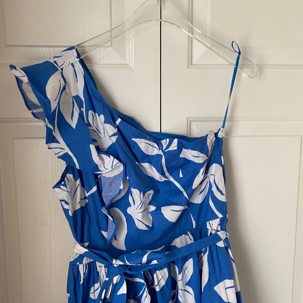 J.Crew One-Shoulder Midi Dress Womens 10 Blue White Floral Ruffle Hawaiian Beach - Picture 4 of 12